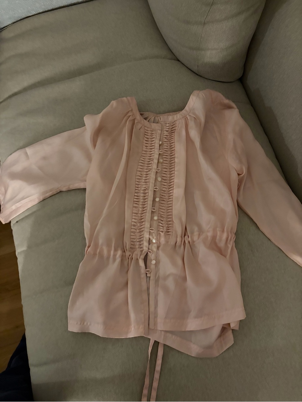Women's Light Pink Ruffle-Front Tie Waist Blouse